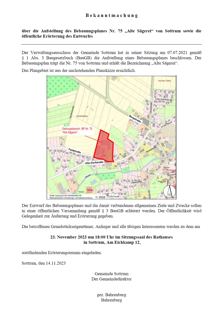 Bekanntmachung Aufstellung Bebauungsplan Nr 75 Alte Sägerei © Samtgemeinde Sottrum