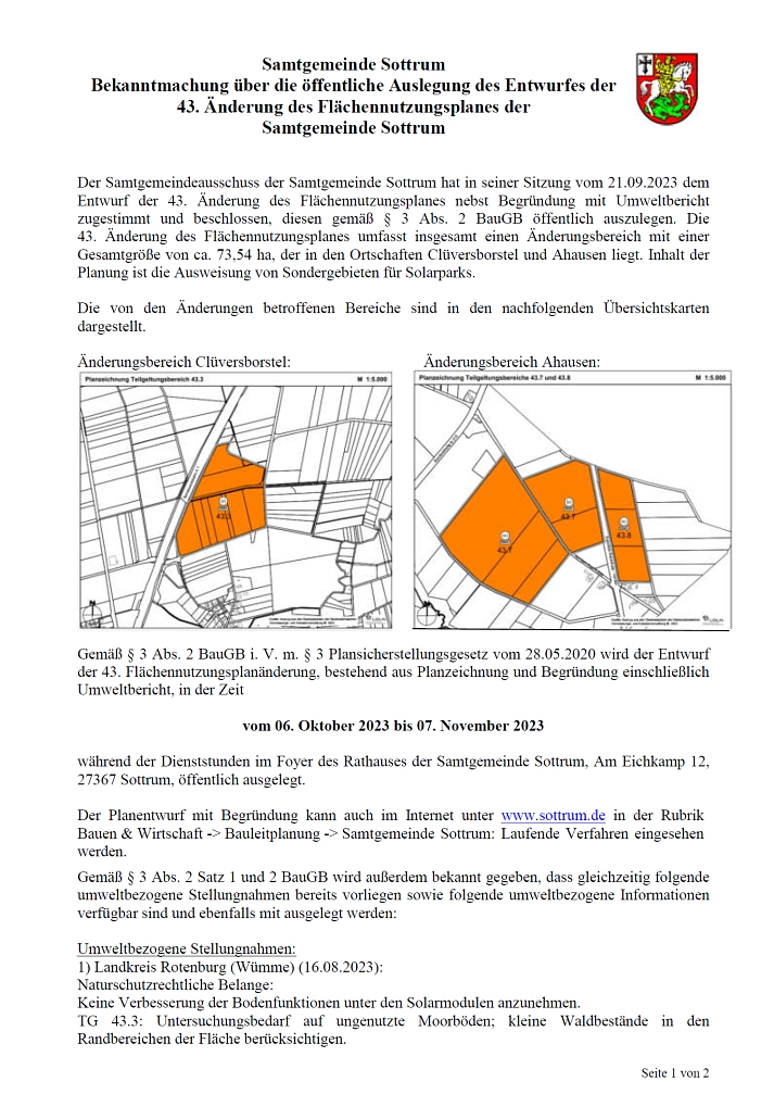 Bekanntmachung  Auslegung des Entwurfes der  43. Änderung des Flächennutzungsplanes der SG Sottrum © Samtgemeinde Sottrum