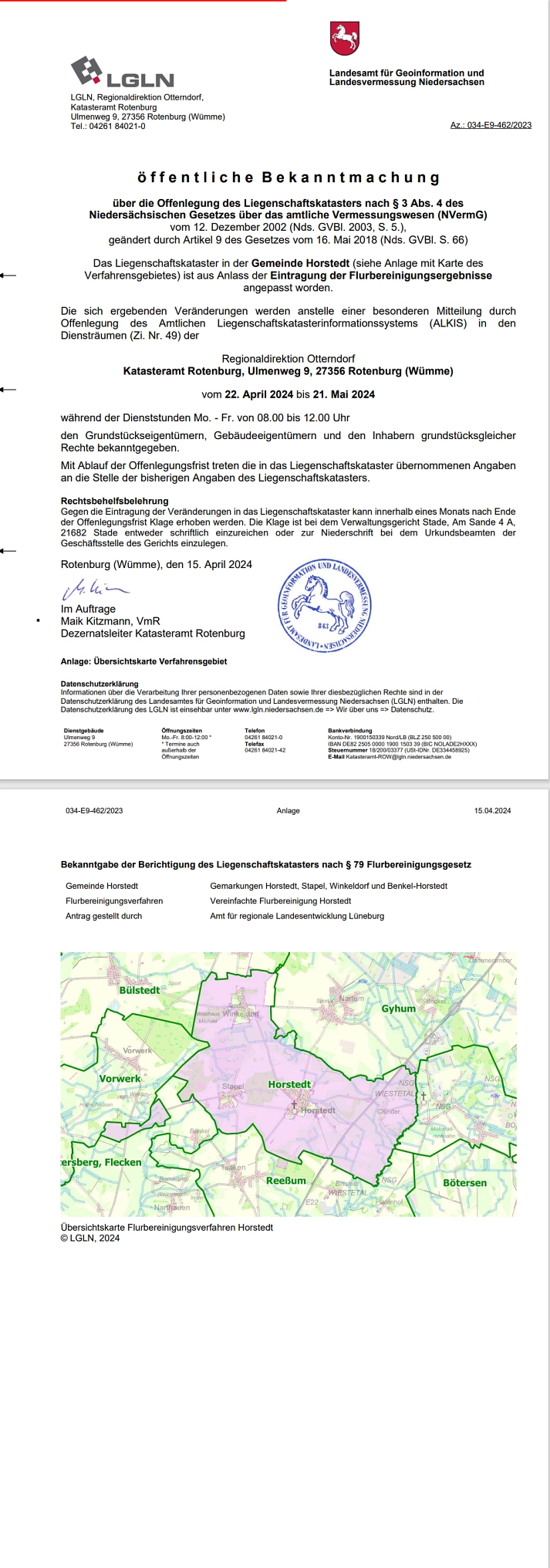 Das Foto stellt die Bekanntgabe der Berichtigung des Liegenschaftskatasters nach § 79 Flurbereinigungsgesetz dar © Samtgemeinde Sottrum