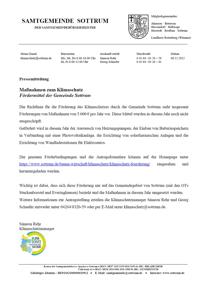 Pressemitteilung Klimaförderung Dezember 2022 © Samtgemeinde Sottrum